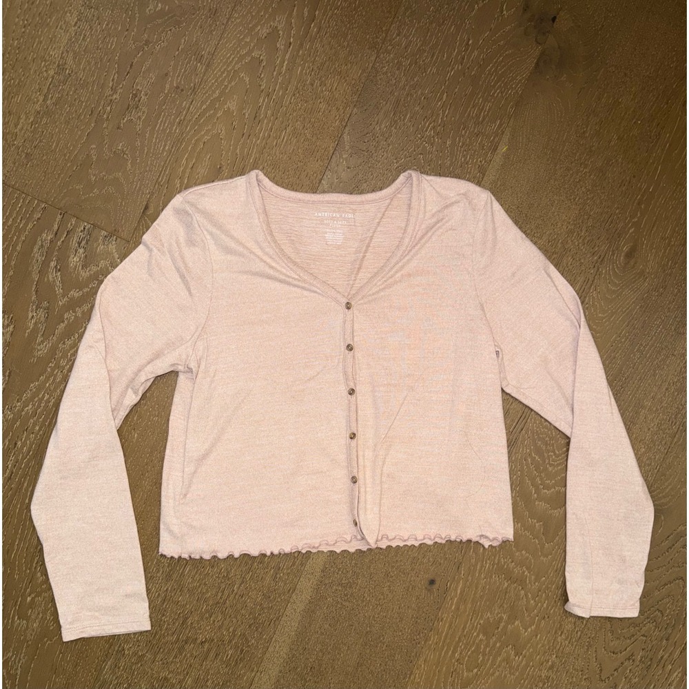 American Eagle Soft & Sexy Plush Pink Cardigan Button Front Lettuce Hem XL